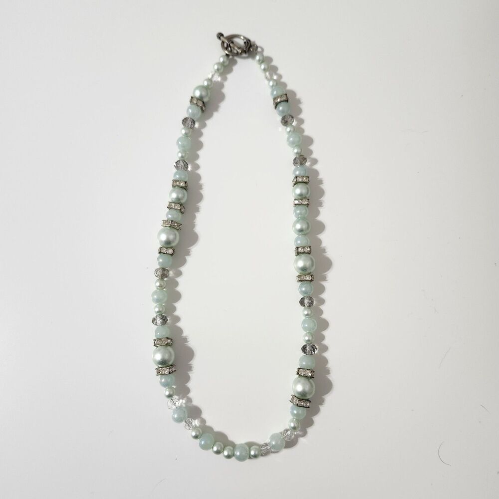Mint Green Transparent Rhinestone Silver Tone Round Square Beaded Necklace